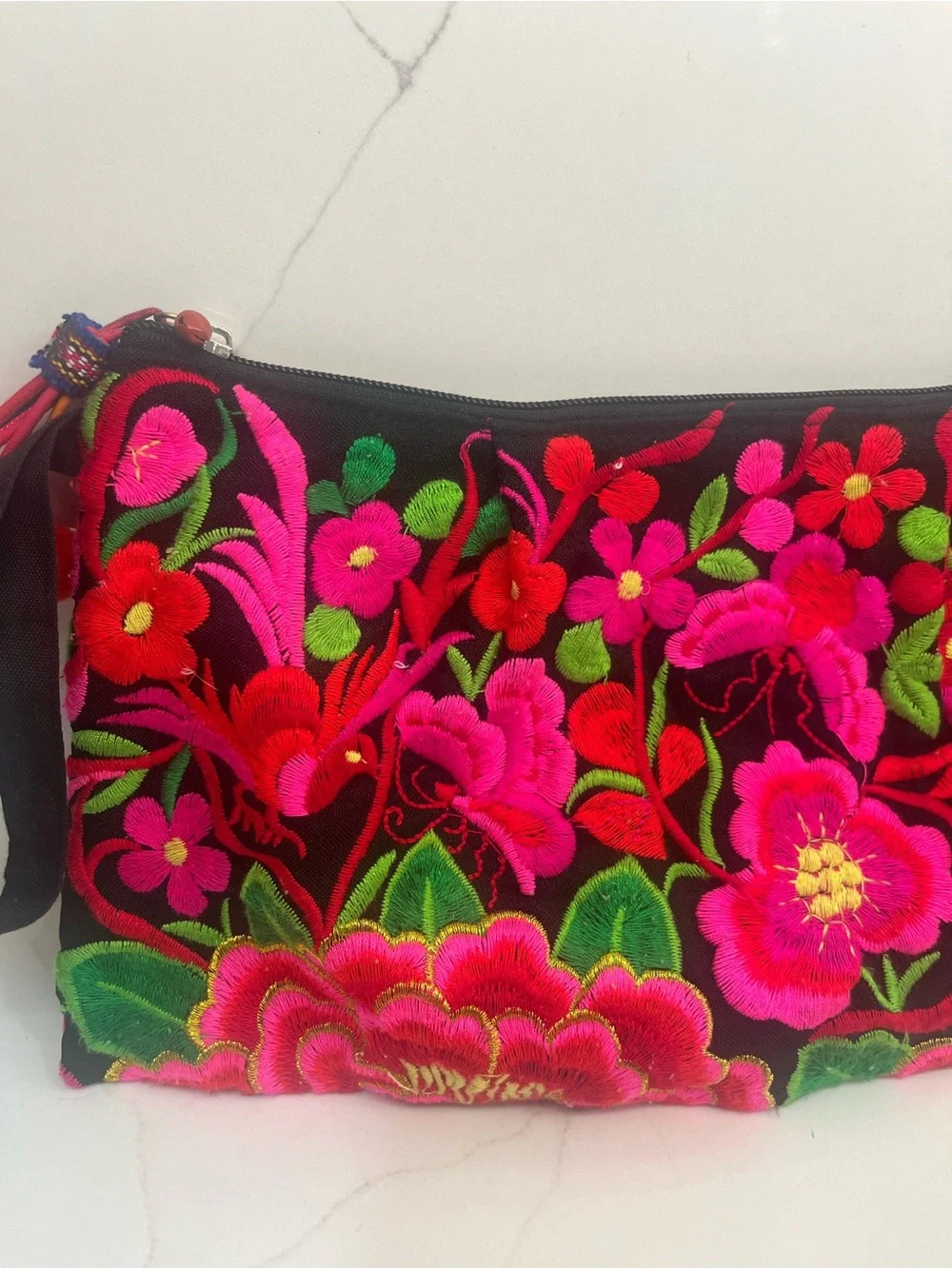 Boho Embroidered Floral Wristlet Clutch | Pom Pom Tassel | Artisan
